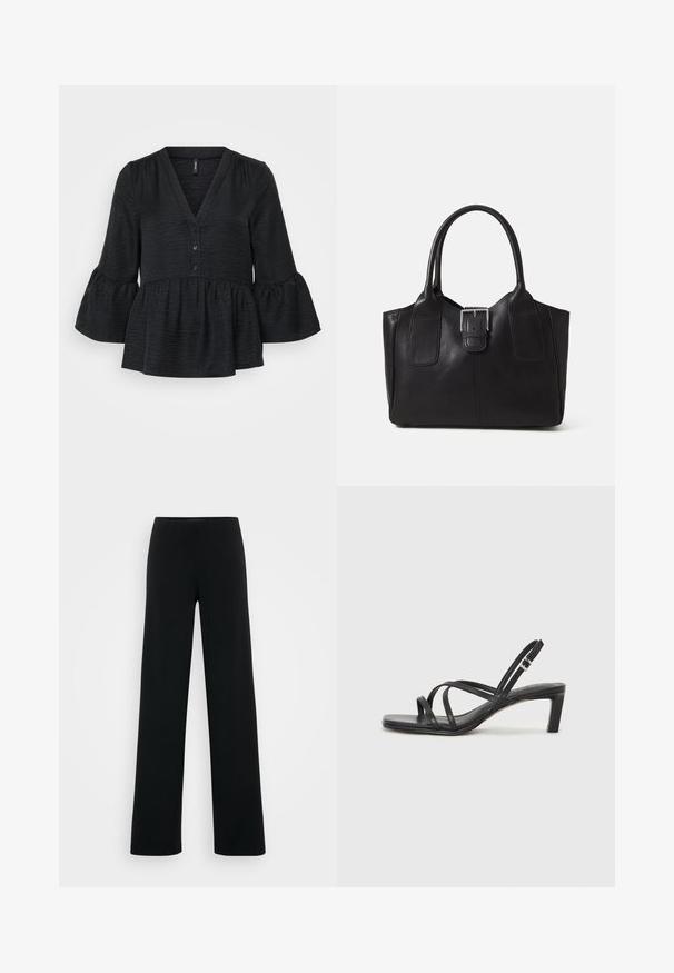 Top peplum nero con scollatura a V, abbottonatura frontale e maniche svasate. Realizzato in tessuto testurizzato con una finitura morbida.; Vero Moda Tall VMBERLIN ZAMIRA WIDE - Pantaloni - black; Sandalo nero con cinturini, dalla punta squadrata e tacco basso a blocco. Presenta diversi cinturini sottili e una cinturini regolabile alla caviglia. Realizzato in pelle liscia.; Borsa tote in pelle nera con texture liscia, forma strutturata, due manici e un evidente dettaglio in fibbia argentata sul davanti.