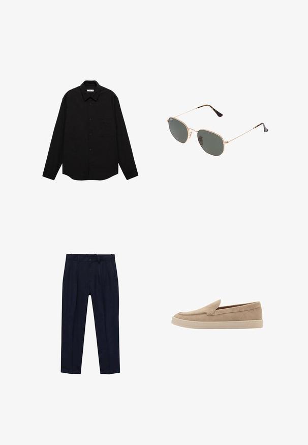 Musta pitkähihainen paita rypistetystä materiaalista, jossa on terävä kaulus, nappilukko edessä ja rintatasku.; Navy-huoneet, jotka on valmistettu sileästä kankaasta, jossa on hieman muotoiltu istuvuus, etupuolella laskokset, vyölenkit ja yksi napin sulkeminen.; Beige mokkasins iho saumoilla ja pyöreällä kärjellä. Vaalean värinen kumipohja, jossa matala malli.; Kultaa metallikehyksiset aurinkolasit tummanvihreillä linsseillä, pilottilaatuinen tyyli, jossa on kapeat varret ja kilpikonnakuosiset korostukset päissä.