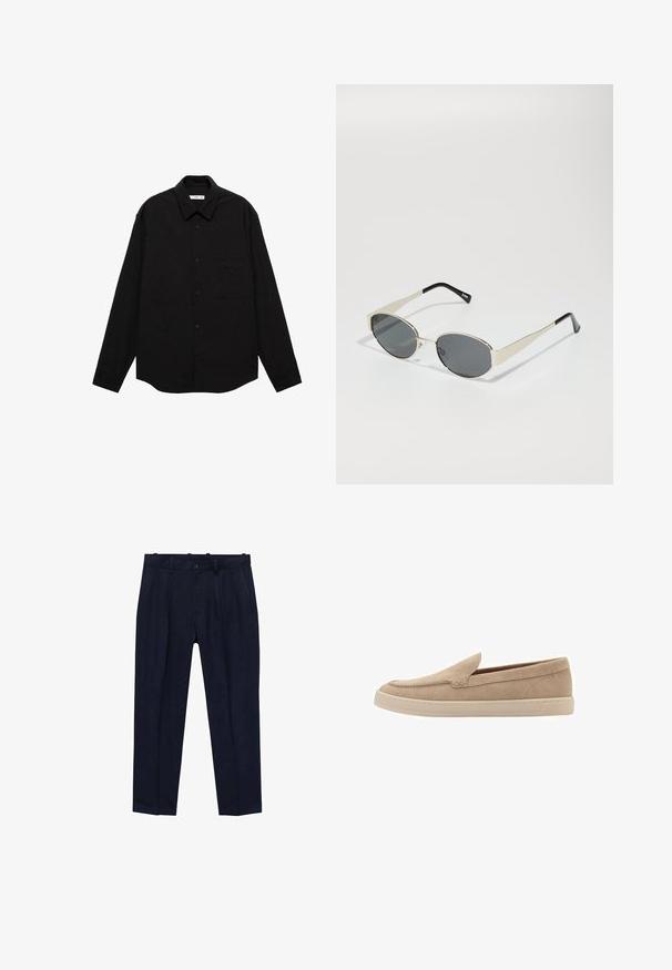 Sort langærmet skjorte i en rynket tekstur, med spidse kraver, frontlukning med knapper og en brystlomme.; Marinebukser lavet af glat stof, med en let skræddersyet pasform, frontfolder, bæltestropper og en enkelt knaplukning.; Beige ruskinds slip-on sko med en rund tå og syning detaljer. Lysfarvet gummisål med et lavprofileret design.; Solsikker med ovale grå linser, sølvmetalramme og sorte accenter på tempelstængerne. Har et strømlinet design og minimal hardware.