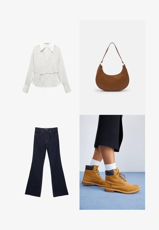Mango RAYU - Blus - off-white; Mörkblå denim med utsvängda ben, som har en standard femfickdesign och synlig sömnad. Tyget har en slät yta med minimal blekning.; Bruna mockalättstövlar med bruna läderdetaljer, gyllene öglor och en texturerad sula. Vita strumpor synliga ovanför stövlarna.; Brun böjd handväska gjord av slätt syntetiskt material, med ett enkelt axelrem och ett dragkedjeförsedd stängning upptill.