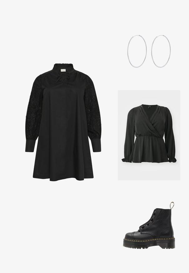 Vero Moda Curve VMCMARY SMOCK - Blouse - black; Kaffe Curve MYNTHIA  - Robe de jour - black deep; Bottines en cuir noir avec surface texturée, bout arrondi, lacets, coutures jaunes et une épaisse semelle noire crantée.; Sac à main en tissu noir avec deux poches avant dotées de détails en nœud, deux poignées et fermeture éclair. Texture douce et forme rectangulaire.; Boucles d'oreilles en argent, forme ronde, surface en métal lisse, sans embellissements visibles, design léger, épaisseur uniforme.