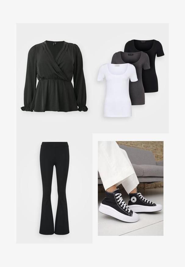 Vero Moda Curve VMCMARY SMOCK - Camicetta - black; Tre T-shirt aderenti in bianco, grigio e nero. Ognuna presenta un ampio scollo a barca e maniche corte. Realizzate in un tessuto morbido e elastico.; Pantaloni neri a zampa d'elefante realizzati in tessuto elasticizzato, con una vita alta e una superficie liscia. I pantaloni si allargano a partire dal ginocchio.; Sneaker alte nere in tela con suole e lacci bianchi. Presentano un logo circolare sul lato e cuciture bianche a contrasto.
