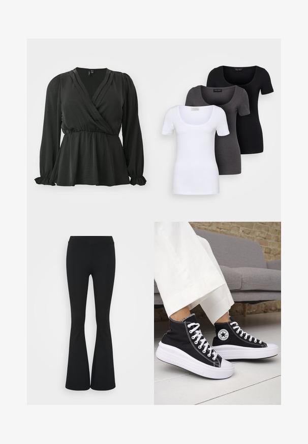 Vero Moda Curve VMCMARY SMOCK - Blouse - black; Drie getailleerde T-shirts in het wit, grijs en zwart. Elk met een brede ronde hals en korte mouwen. Gemaakt van gladde, rekbare stof.; Zwarte uitlopende broek van rekbaar materiaal, met een hoge tailleband en een gladde textuur. De broek loopt uit vanaf de knie.; Zwarte hoge sneakers met witte rubberen zolen en veters. Voorzien van een ronde logo patch en contrasterende witte stiksels. Gemaakt van canvas.