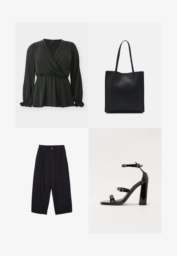 Vero Moda Curve VMCMARY SMOCK - Bluza - black; Črne poliesterske culotte hlače z elastičnim pasom, dvema sprednjima nabiranjema in ohlapnim krojem. Brez vidnih vzorcev ali kovinskih detajlov.; Črne lakirane sandale s peto, kvadratnim prstom, trakovi okrog gležnja in srebrnimi zaponkami. Opremljene so s stabilno Debelo peto.; Črna usnjena torba s svilnato teksturo, pravokotne oblike in dvema dolgima ročajema. Brez vidnih metalnih delov ali okrasnih elementov.