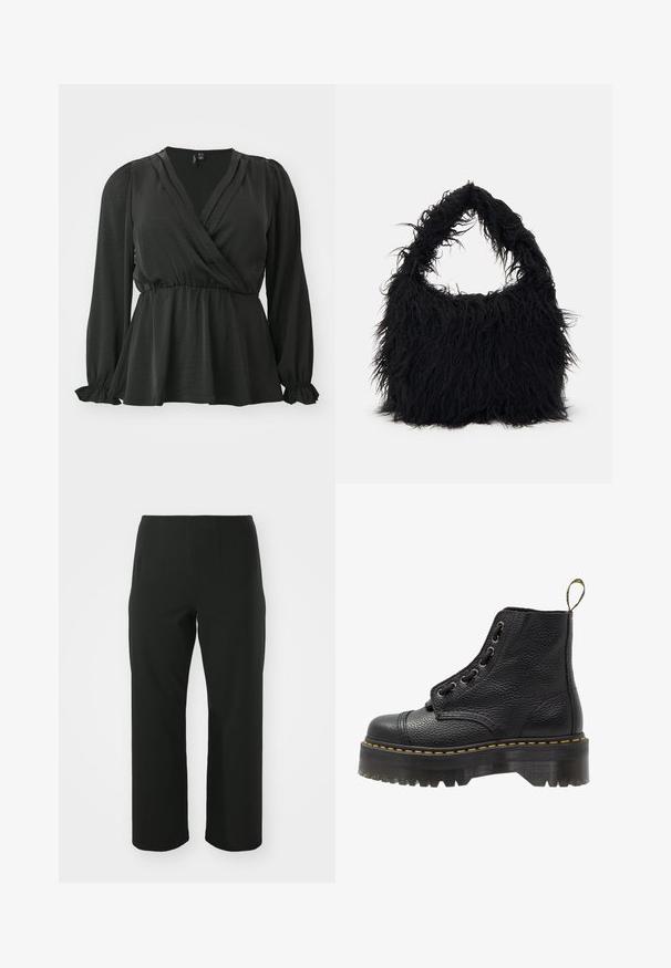 Vero Moda Curve VMCMARY SMOCK - Blouse - black; Vero Moda Curve VMCAUGUSTA PANT - Broek - black; Zwarte leren enkelboot met een gestructureerd oppervlak, ronde neus, vetersluiting, gele stiksels en een dikke, geribbelde zwarte plateauzool.; Even&Odd Shopper - black
