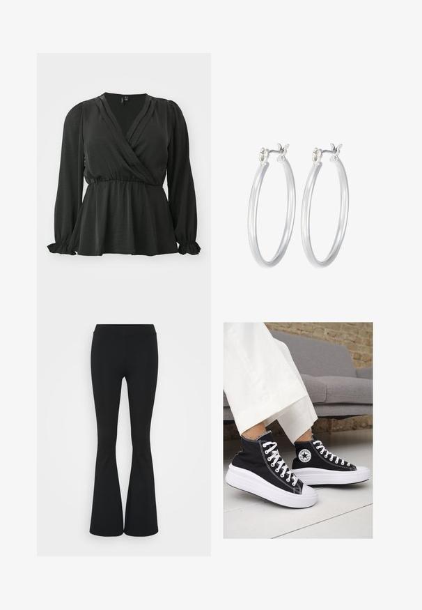 Vero Moda Curve VMCMARY SMOCK - Camicetta - black; Pantaloni neri a zampa d'elefante realizzati in tessuto elasticizzato, con una vita alta e una superficie liscia. I pantaloni si allargano a partire dal ginocchio.; Sneaker alte nere in tela con suole e lacci bianchi. Presentano un logo circolare sul lato e cuciture bianche a contrasto.; Orecchini a cerchio in argento con una finitura liscia e lucida. Forma rotonda e chiusura a scatto sicura. Design leggero adatto per l'uso quotidiano.