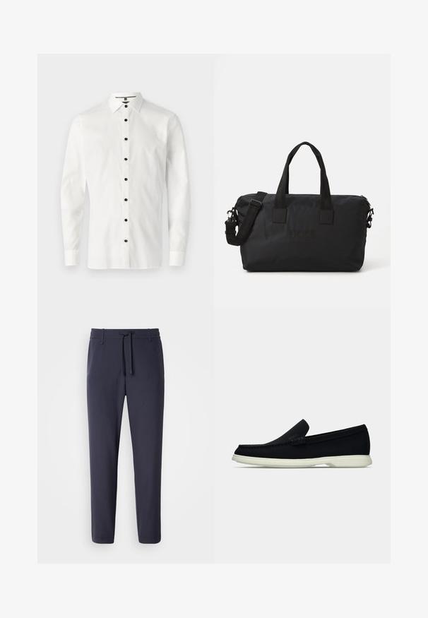 Balta ilga rankovė marškiniai, pagaminti iš lygaus audinio, su mygtukų apykakle ir šešiais juodais mygtukais priekyje.; Tamsios spalvos sportiniai džinsai su elastingu juosmeniu ir vezimo virvele. Pagaminti iš sklandžios medžiagos, su siaurėjančiomis kojomis ir nematomis kišenėmis.; Juodas slip-on avalynė su apvaliu pirštu, turintis tekstūruotą paviršių, lygią baltą platformą ir subtilų prekės ženklą šone.; Juodas nailono kertinis krepšys su dviem viršutiniais rankenomis ir nuimamąja petine juostele. Yra iškilus logotipas ir lygus paviršius su užtrauktuku.