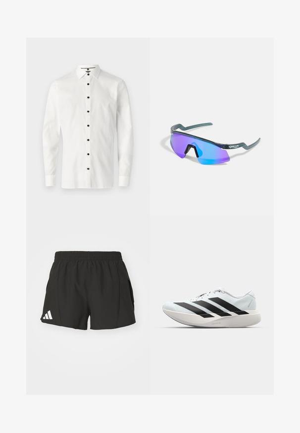 Valkoinen pitkähihaista paitaa, joka on valmistettu sileästä kankaasta, ja jossa on napitettavat kaulus sekä kuusi mustaa nappia edessä.; Mustat urheilushortsit, jotka on valmistettu kevyestä materiaalista. Niissä on joustava vyötärö, sivutaskut ja vasemmassa jalassa valkoinen Adidas-logo.; Kevyt juoksukengät vaaleansinisinä mustilla raidoilla. Ominaisuuksiin kuuluu sileä pinta, pyöreä kärki ja paksu valkoinen välipohja, joka on merkitty "LIGHTSTRIKE PRO".; Aurinkolasit, joissa on ympärileikkaava muotoilu, siniset ja purppurat peilimäiset linssit, vihreä kehys sekä erottuvat viistot varret.