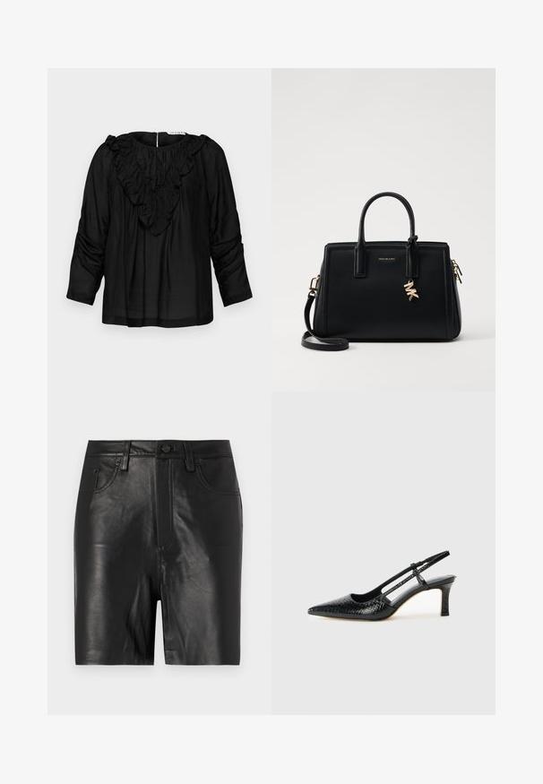 Fekete blúz fodros V-nyakkal, háromnegyedes ujjakkal és redőzött részletekkel a vállakon, sima, könnyű anyagból készült.; Fekete bőr sort, sima textúrával, elülső cipzárral, gombos záródással és klasszikus öt zsebes kialakítással.; Fekete lakk slingback sarok, hegyes orral, texturált kígyómintával, állítható pánttal és rövid, texturált tömbsarkal.; Fekete bőr kézitáska strukturált dizájnnal, dupla felső fogantyúkkal, levehető vállpánttal, arany színű fémrészletekkel és logómedál díszítéssel.