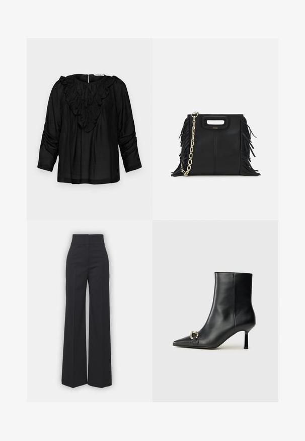 Schwarze Bluse mit einem Rüschenausschnitt in V-Form, Dreiviertelärmeln und gerafften Details an den Schultern, aus einem glatten, leichten Stoff gefertigt.; Weite Hosen aus schwarzem Stoff mit hohem Bund, die eine saubere Verarbeitung und glatte Textur aufweisen. Keine sichtbaren Beschläge oder Muster.; Schwarze Leder-Stiefelette mit spitzer Zehe, schlankem, mittelhohem Absatz und silberner Schnalle seitlich vor einem schlichten Hintergrund.; Schwarze Lederhandtasche mit Fransen-Details, goldener Ketten-Schulterriemen und einem ausgeschnittenen Griff. Mit Logoplatzierung auf der Vorderseite.
