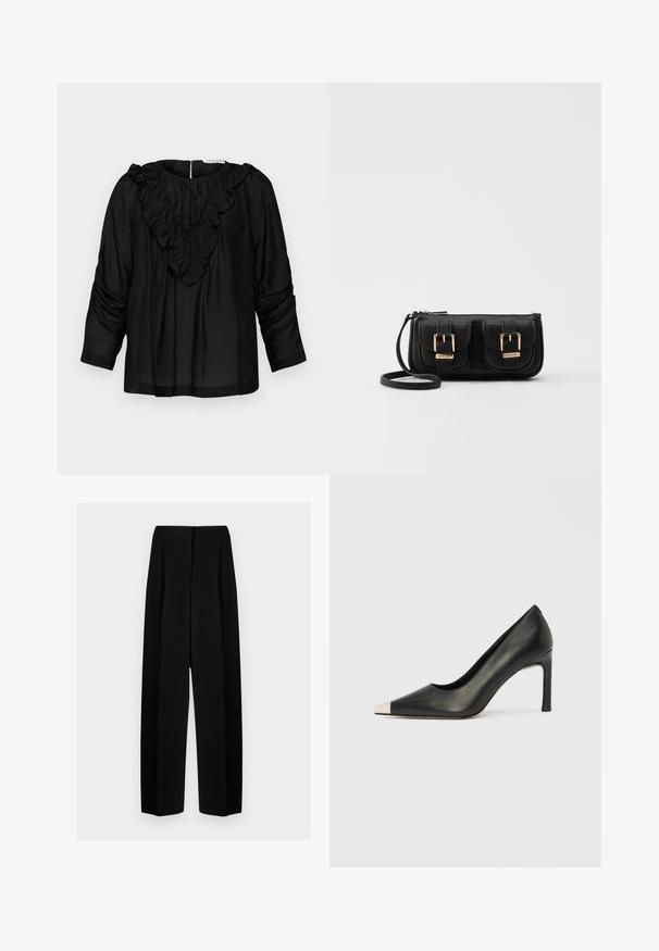 Melna blūze ar kraukšķīgu V-veida kakla izgriezumu, trīs ceturtdaļu piedurknēm un savāktām detaļām plecos, izgatavota no gludas, vieglas auduma.; Melni plati bikses ar augstu jostasvietu, kas papildinātas ar pudiem un gludu tekstūru. Audums izskatās viegls un eleganti krīt.; Melns ādas augstpapēžu kurpes ar smailu purngalu un metāliski sudraba uzgali. Ir gluda apdare un slaids 10 cm augsts papēdis.; Melnas ādas crossbody soma ar divām priekšējām kabatām, zelta sprādzēm, ar rāvējslēdzēju aizdari un šauru siksnu. Strukturēta virsma un kompakta taisnstūra forma.
