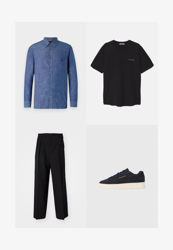 Modra srajca z dolgimi rokavi, narejena iz mehke tkanine, s klasičnim ovratnikom, gumbom in majhnim logotipom na prsih.; Črna bombažna majica s kratkimi rokavi in okroglim ovratnikom, z belim logotipom natisnjenim na levi prsni strani. Preprost, enobarven dizajn.; Črne nabirane hlače s ravnim, širokim krojem. Narejene so iz gladkega materiala in imajo zadrgo ter pasne zanke.; Mornarsko modre semiš nizke superge z belim podplatom, mornarskimi vezalkami in z zlatim logotipom "Filling Pieces" na strani.