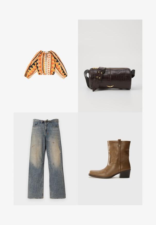 Long-sleeve cropped blouse in orange, black, and white fabric with geometric patterns, gathered neckline, and elasticized hem.; Light blue denim jeans with a loose, straight-leg design. Features whiskering, fading, and distressed details near knees. Classic five-pocket style.; Brown leather ankle boot with a square toe, textured finish, and a low stacked heel. Features a rear pull tab and subtle stitching details.; Brown crocodile-embossed leather bag with a cylindrical shape, gold-tone hardware, and a detachable strap featuring studs.