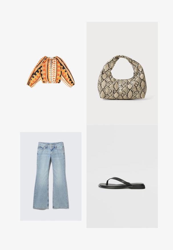 Langärmlige, verkürzte Bluse aus orangefarbenem, schwarzem und weißem Stoff mit geometrischen Mustern, gerafftem Ausschnitt und elastischem Saum.; Weekday NOVA - Jeans Slim Fit - lip blue; Schwarze Flip-Flops aus glattem Leder, mit einem dünnen Riemendesign und einer flachen Sohle mit minimalem Profil. Keine bemerkenswerten Muster oder Akzente.; Schlangenmuster-Tasche mit einem gebogenen Griff. Hergestellt aus strukturierten, beige- und braunfarbenen Materialien, die ein markantes Diamantmuster aufweisen.