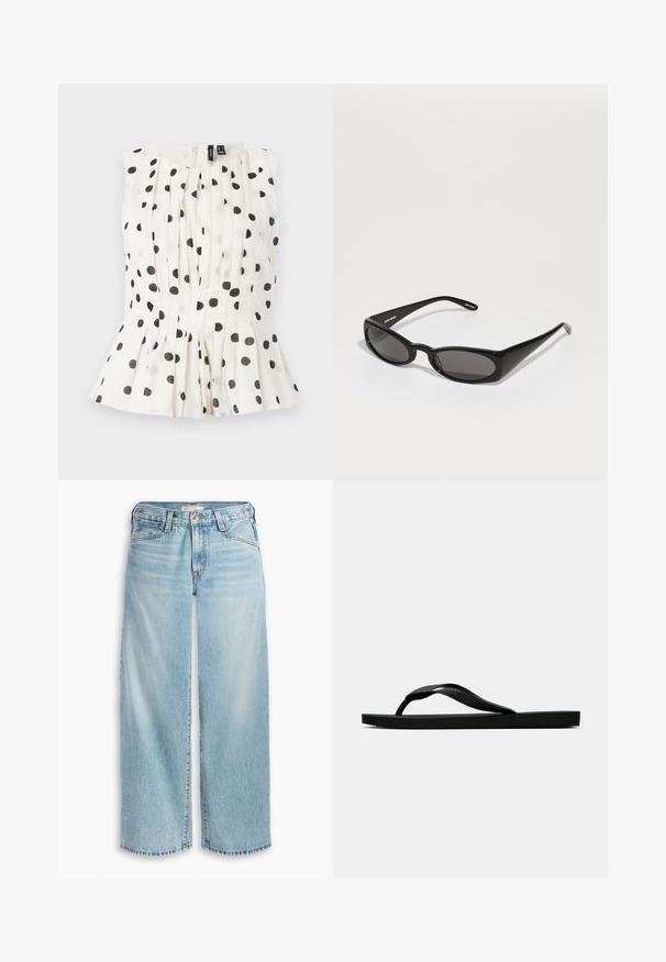 Top fără mâneci, alb cu buline negre, cu pliseuri și margină evazată. Materialul pare ușor și texturat. Înfățișare cu fermoar la spate.; Jeans de culoare bleu deschis, cu picioare largi, realizate din denim, având talie înaltă, închidere cu nasturi și tiv desprins. Cusături vizibile și buzunare.; Sandala flip-flop din cauciuc negru, cu un bretele texturat și o talpă simplă și plată, prezentată din lateral pe un fundal simplu și deschis.; Henrik Vibskov MEGAN SUNGLASSES UNISEX - Ochelari de soare - black; Geantă texturată cu aur, cu o curea din piele netedă, având închidere cu fermoar și un model subtil de logo imprimat pe suprafață.
