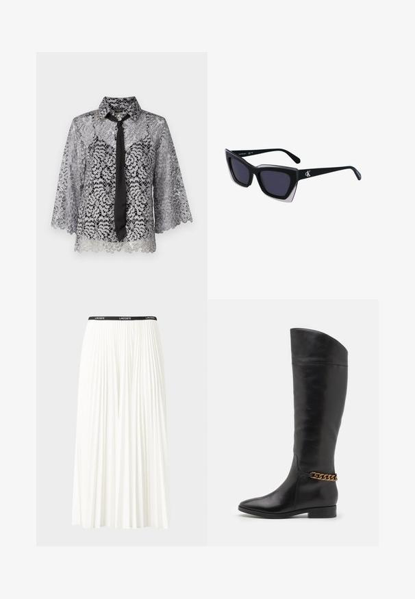 Bluse i sølvfarvet blondestof med sort slips. Har klokkeærmer, blomster mønstre og spidse kraver. Gennemsigtig tekstur med en scallopkant.; Plisseret hvid nederdel med en sort elastisk talje, der har "LACOSTE"-logoet. Mellemlang design med blød tekstur.; Høje sorte læderstøvler med et slankt design, spids tå og en guld kædeaccent ved anklen. Lav blokhæl. Glat overflade.; Store sorte oversized solbriller med geometrisk form, med mørke linser og en kontrasterende grå detalje på stellet. Logo på armen.; Lys grå metallisk håndtaske med kædestrop, dekoreret med små runde metalliske studs og et trekantet brandlogo.; Sølv hoop øreringe med en glat, skinnende overflade. Rundet form, letvægtsdesign med post-back lukning.