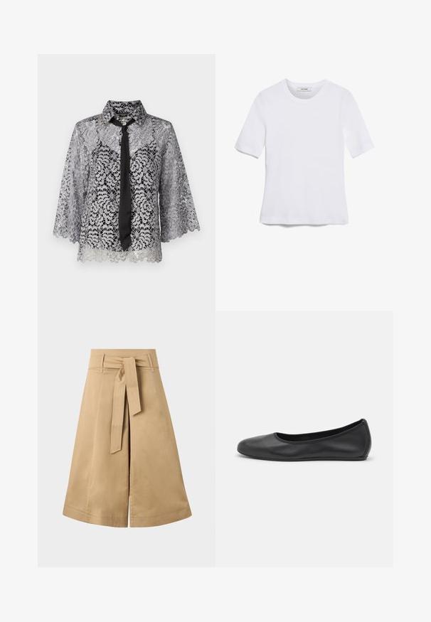 Blouse en dentelle argentée avec un nœud noir. Présente des manches cloche, des motifs floraux et un col pointu. Texture transparente avec un ourlet en dents de scie.; T-shirt blanc à manches courtes en tissu côtelé. Col rond, coupe régulière et détails de couture subtils. Aucune motif ni graphique.; Jupe midi en khaki avec une ceinture à nouer, fabriquée en coton léger, présentant une silhouette évasée et des détails de couture visibles.; Ballerines en cuir noir avec un bout rond, texture lisse, détails de couture minimalistes et design de semelle flexible.