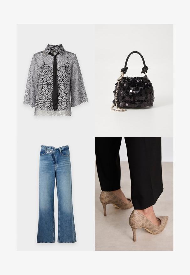 Srebrna čipkasta bluza s crnom maramom. Ima zvonaste rukave, cvjetne uzorke i oštri ovratnik. Prozirni materijal s valovitim rubom.; Svijetloplave traperice s izrezom i visokim strukom, s dva gumba i prednjim džepovima. Tkanina ima izblijeđenu teksturu s suptilnim varijacijama.; Bež cipele s visokom petom izrađene od teksturiranog materijala s ponavljajućim uzorkom. Dizajn s oštrim vrhom s pozadinskim naglaskom i zlatnim detaljem na peti.; Crna mini torbica sa šljokicama, s čvorastim teksturiranim remenom i srebrnim lancem. Zaobljenog oblika s naboranim vrhom i reflektivnim detaljima.