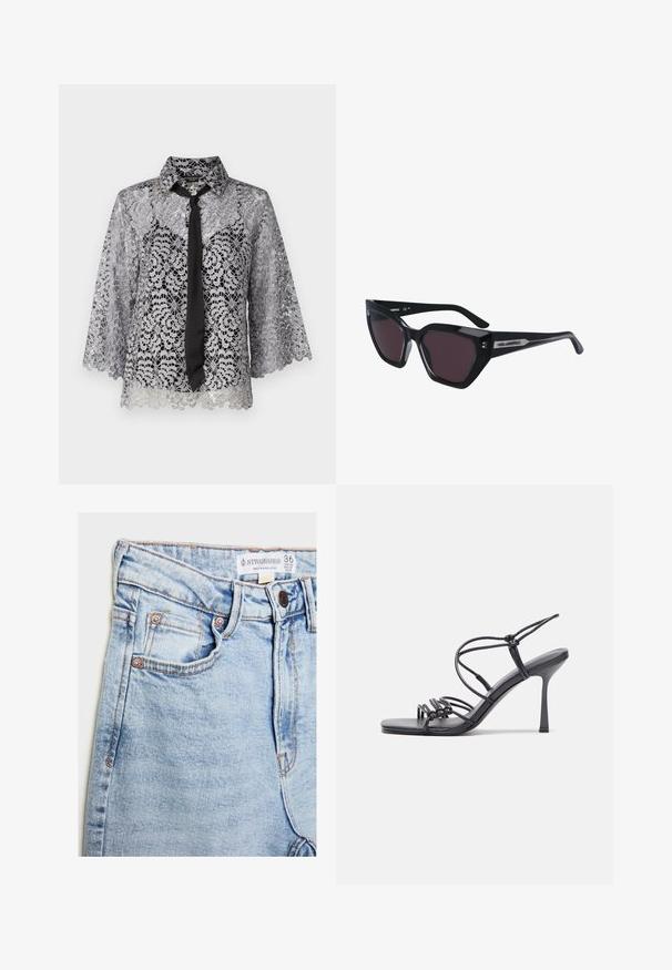 Blouse en dentelle argentée avec un nœud noir. Présente des manches cloche, des motifs floraux et un col pointu. Texture transparente avec un ourlet en dents de scie.; Jean en denim bleu clair à taille haute, avec cinq poches, des accessoires en cuivre, et une légère décoloration, arborant une étiquette au niveau de la ceinture.; Des sandales noires à talons hauts avec des fines lanières au design noué, un bout carré lisse et un talon aiguille élégant.; Lunettes de soleil noires au design œil de chat, dotées de verres sombres, d'une finition brillante et de subtils accents de logo sur les branches.; Sac à main en métal gris clair avec une bandoulière en chaîne, orné de petits clous métalliques ronds et d'un logo de marque triangulaire.; Boucles d'oreilles en argent avec une finition lisse et brillante. Forme arrondie, conception légère, avec un fermoir à tige.