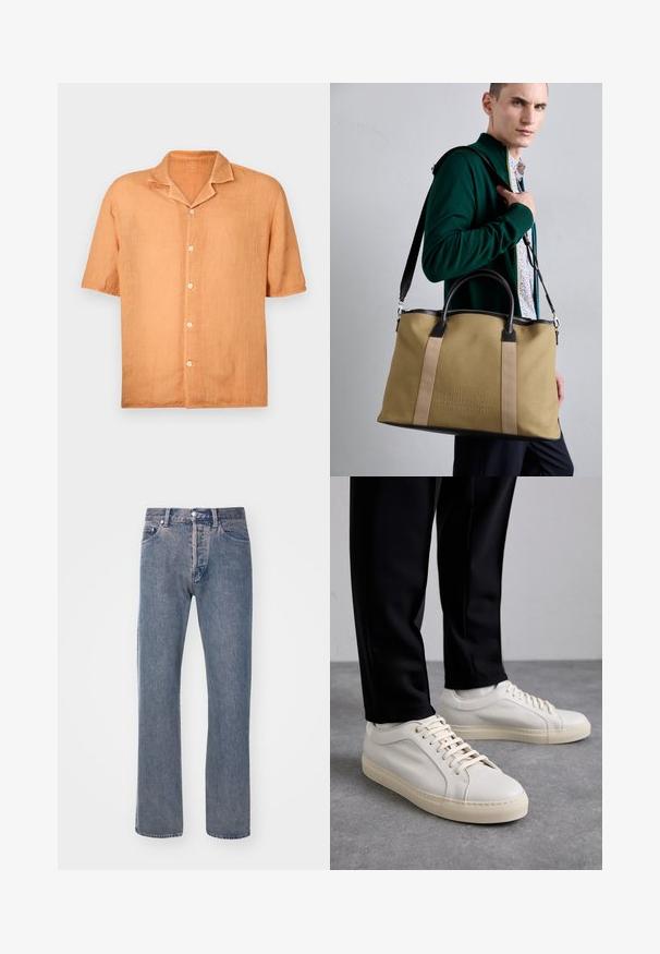 Cămașă cu mânecă scurtă, cu nasturi, dintr-un material de in portocalie deschis, cu guler în formă de notch și cinci nasturi pe față. Textură fină, design casual.; Blugi drept de culoare albastru deschis, fabricați din țesătură de denim, cu un design cu cinci buzunare, fermoar și detalii de cusătură contrastante.; Adidași din piele bej deschis, cu șirete plate, o suprafață texturată și o talpă din cauciuc de culoare crem, asociați cu pantaloni negri tip tapered.; Geantă de pânză bej cu accente din piele închisă, având mânere duale și o curea de umăr detașabilă; detaliu cu logo embossat pe față.