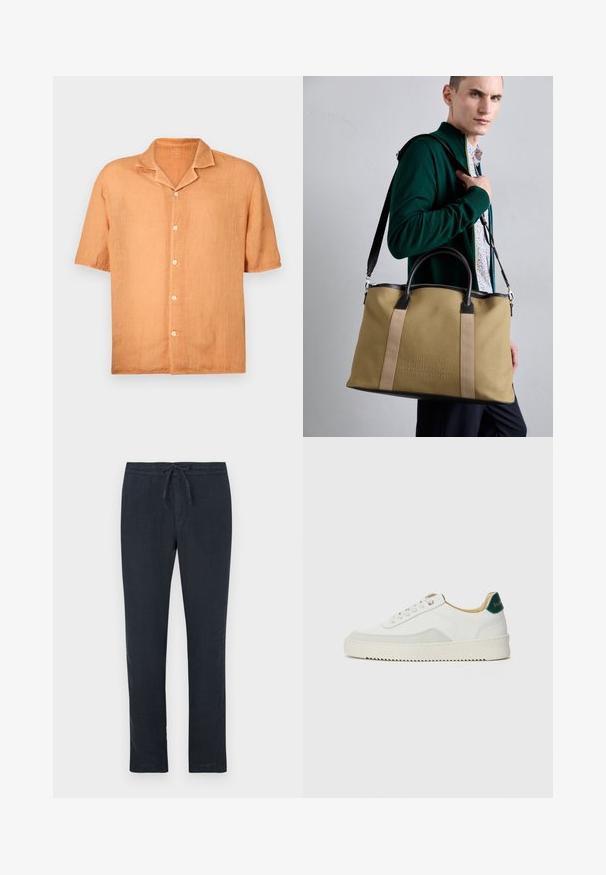 Trumpas rankovės, mygtukais užsegamas marškinėliai iš šviesiai oranžinės lino medžiagos su įpjovimu ant apykaklės ir penkiais mygtukais priekyje. Lygus paviršius, laisvalaikio dizainas.; Tamsiai mėlyni lininiai kelnės su raišteliu juosmenyje, tiesaus kirpimo dizainu ir minimalia tekstūra. Nėra matomų raštų ar metalinių detalių.; Baltos sportbačiai su zomšos akcentais, apvaliu nosiu, plokščiais raišteliais ir kreminės spalvos guminiu padu. Ant kulno yra žalia ženklinimo detalė.; Bežinė drobės pirkinių maišelį su tamsiais odos akcentais, turintį dvi rankenas ir pritvirtinamą peties diržą; iškaltas logotipo detalė priekyje.