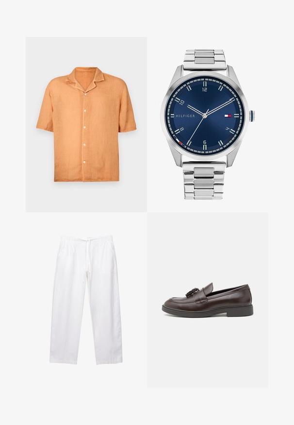 Koszula krótki rękaw, zapinana na guziki, w jasnopomarańczowym lnianym materiale z klapami i pięcioma guzikami z przodu. Gładka faktura, swobodny krój.; Białe, luźne spodnie wykonane z lekkiego materiału. Posiadają elastyczny pas ze sznurkiem oraz dwie boczne kieszenie.; Brązowe skórzane mokasyny z zaokrąglonym noskiem, dekoracyjnym chwostem, szytymi detalami i niskim gumowym obcasem dla dodatkowego komfortu.; Srebrny zegarek metalowy z satynową niebieską tarczą, białymi znacznikami godzin oraz wyświetlaczem daty. Posiada ogniwowy metalowy pasek i logo marki.