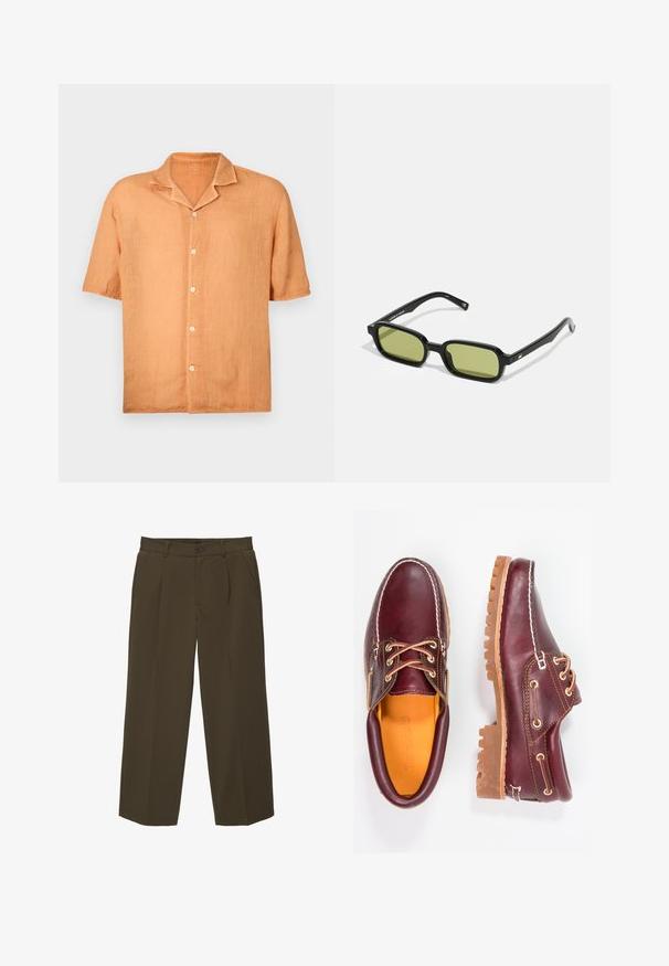 Košulja kratkih rukava, na dugme, u svijetloružičastoj lanenoj tkanini s izrezom i pet dugmadi sprijeda. Glatka tekstura, ležeran dizajn.; Smeđe, široke hlače od mekog materijala s ravnim prednjim dijelom, bočnim džepovima i dugmetom za zatvaranje u struku. Jednostavan dizajn bez uzoraka.; Burgundske kožne cipele s smešnim gumenim potplatima, okruglim vrhom, bijelim šavovima i zlatnim rupama za vezivanje. Unutrašnjost ima žutu podstavu.; Crne sunčane naočale s kutnim dizajnom, zelenim staklima i glatkim plastičnim okvirom. Imaju zlatne detalje na naramenicama.