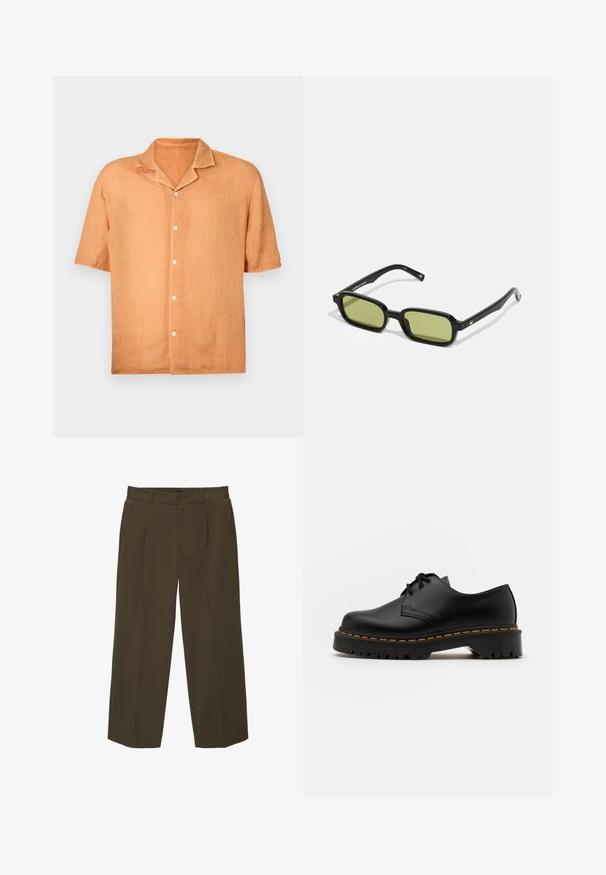 kratki rokavi, srajca s gumbi v svetlo oranžnem lanu z izrezom in petimi gumbi spredaj. Gladko teksturo, sproščen dizajn.; Rjave, udobne hlače iz mehkega blaga z ravnim sprednjim delom, stranskimi žepi in gumbom za zapiranje ob pasu. Enostaven dizajn brez vzorcev.; Črne usnjene čevlje z vezalkami in zaobljenim nosom, z gumijastim podplatom in rumenim šivom okoli osnove. Ravna zasnova in gladka površina.; Črne sončne očala z ostrim dizajnom, zeleni leče in gladki plastični okvirji. Imajo zlate detajle na zatičih.