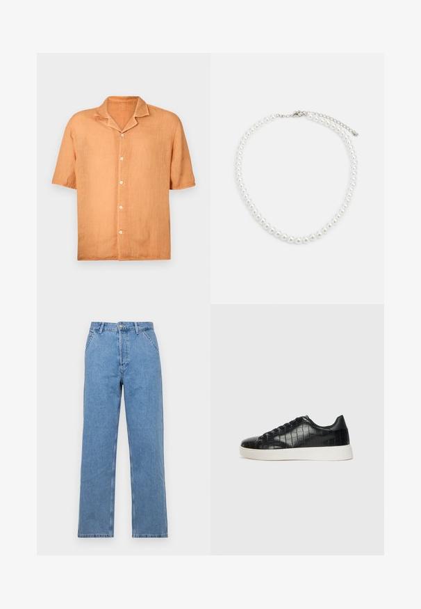 Lühikeste varrukatega nööpidega särk heledast oranžist linast kangast, millel on sälkkaelus ja viis nööpi ees. Sile tekstuur, lõdvestunud disain.; Hele sinine denim sirgeded teod, klassikalise viie tasku disainiga, ees nupuga kinnitamine ja vööaugu lõiked. Sile tekstuur.; Mustad mustad mustad kroko-reljeefiga nahast ülemine osa, ümar varvas ja kontrastne valge kummitald, millel on sile viimistlus.; Valge pärlkaelakee, millel on ühtlane ümar kuju, sile pind ja metallist kinnitusbüts koos pikendusahelaga reguleeritava pikkuse jaoks.