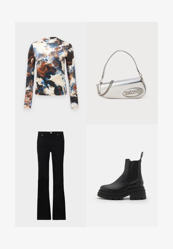 Langsleeve top in een mix van blauwe, bruine en crèmekleurige abstracte patronen. Zachte stof met een aansluitend ontwerp en hoge hals.; Zwarte flared jeans van denim, met twee voorzakken, een knoopsluiting en een gladde textuur. Kenmerkende stiksels zichtbaar bij de naden.; Zwarte chelsea laarzen van glad leer met elastische zijpanelen, een dikke, geribbelde rubberen zool en een aantrekbandje aan de achterkant.; Zilverkleurige metalen handtas met een afgeronde driehoekige vorm, voorzien van een logo, een kettingriem en een gladde textuur. Ritssluiting aan de zijkant.
