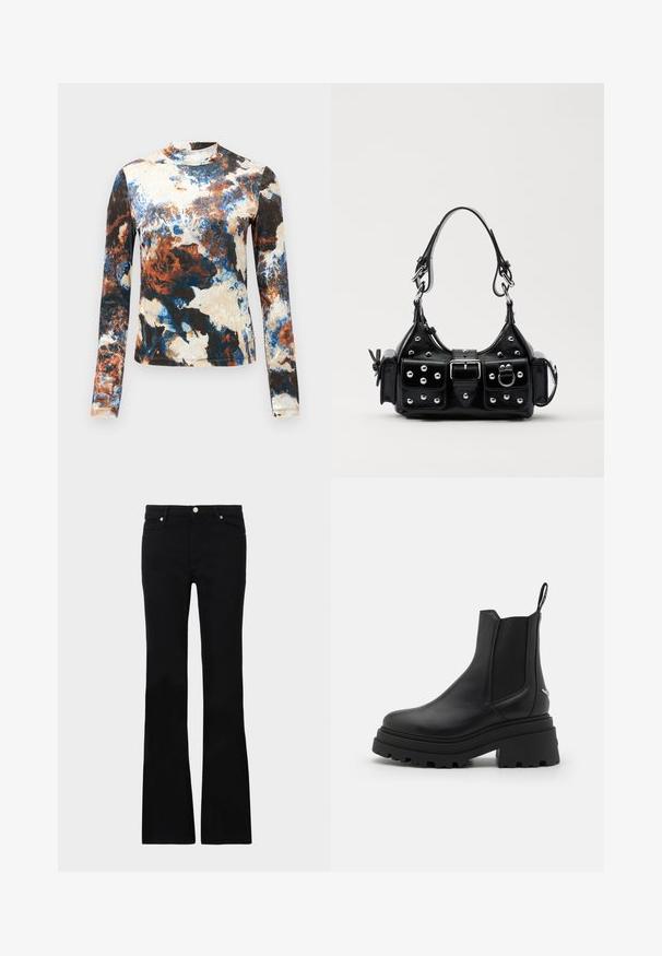 Long-sleeve top in a blend of blue, brown, and cream abstract patterns. Soft fabric with a fitted design and high neck.; Black flared jeans made of denim, featuring two front pockets, a button closure, and a smooth texture. Signature stitching visible at seams.; Black chelsea boots made of smooth leather with elastic side panels, a thick, ridged rubber sole, and a pull tab at the back.; Black leather handbag with a curved design, featuring silver studs, a buckle, and two side pockets. Adjustable strap for carrying options.