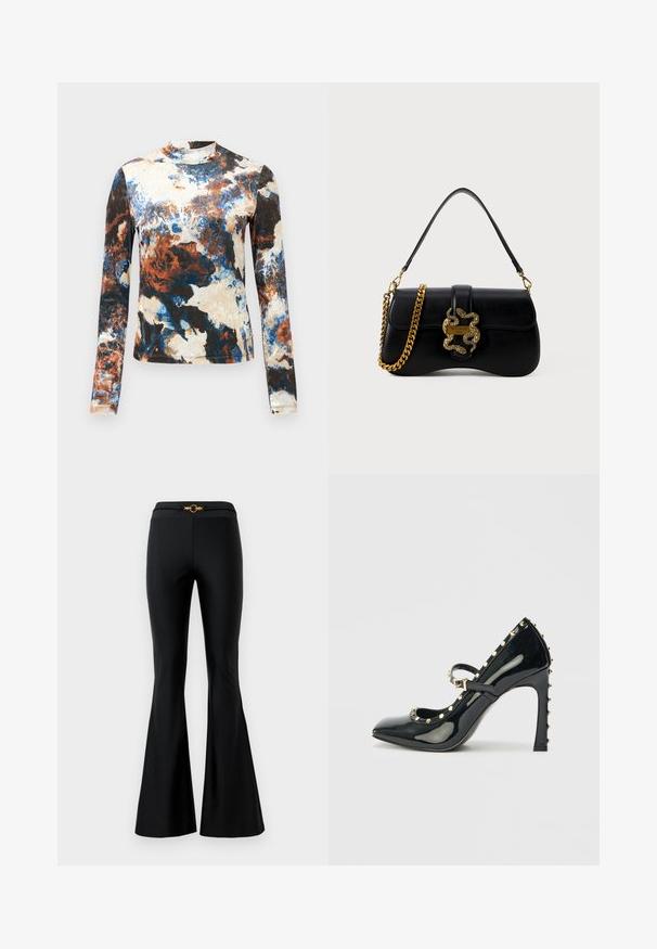 Majica z dolgimi rokavi v mešanici abstraktnih vzorcev v modri, rjavi in smetani. Mehka tkanina z oprijetim dizajnom in visokim ovratnikom.; Črne flare hlače z gladko teksturo, ki imajo prilegajoč pas in zlato okroglo podrobnost spredaj. Narejene so iz raztegljivega materiala.; Črne patentesne visoke pete s ostrim nosom, zankami okoli gležnja in zlatimi zakovicami ob robovih.; Črna usnjena torbica s krivuljo, zlatim značajem v obliki kače in verižnim paščkom. Ima preklopno zapiranje z metalnim logotipom.