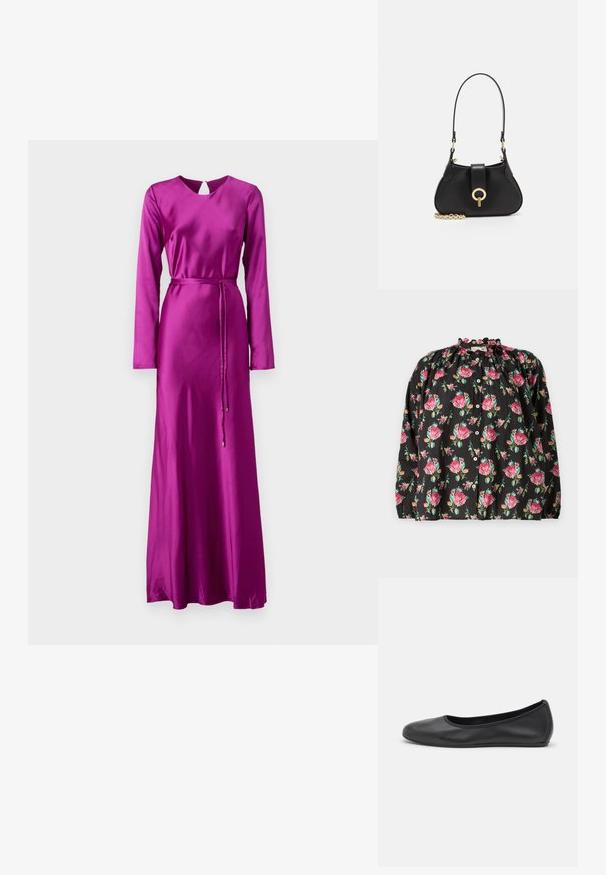 Čierna kvetinová blúzka s ružovými a zelenými vzormi ruží, volánovým výstrihom, gombíkovým zapínaním vpredu a dlhými rukávmi s elastickými manžetami.; ML Monique Lhuillier MARIE LONG SLEEVE LONG DRESS - Oblečenie na špeciálnu príležitosť - mulberry; Čierne kožené baleríny s okrúhlou špičkou, hladkým povrchom, minimálnym prešívaním a flexibilným dizajnom podrážky.; sandro JANET - Kabelka - noir