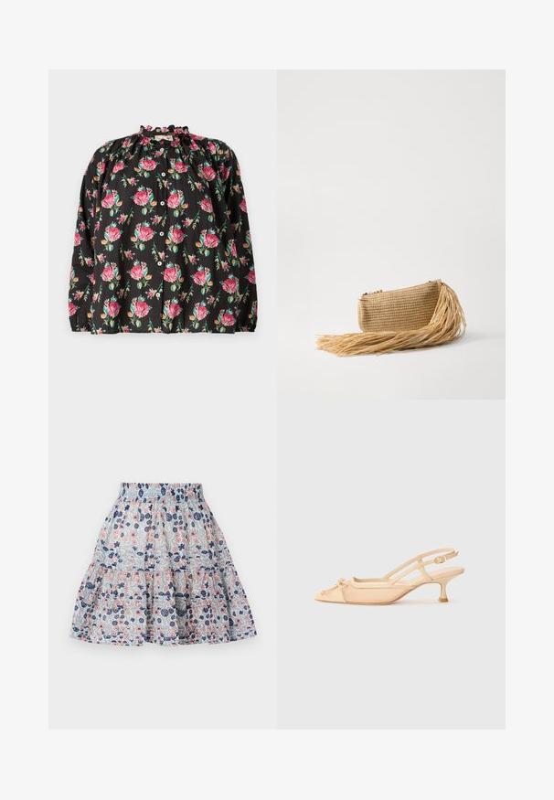 Schwarze Bluse mit floralen Mustern in rosa und grün, Rüschenausschnitt, Knopfverschluss und langen Ärmeln mit elastischen Bündchen.; Blumenmuster-Rock in Hellblau mit rosa und marineblauen Blumen. Stufen-Design mit elastischem Bund und weichem, strukturiertem Stoff.; Stuart Weitzman KITTY - Pumps - beige/barely beige; Cult Gaia VIERA - Clutch - natural