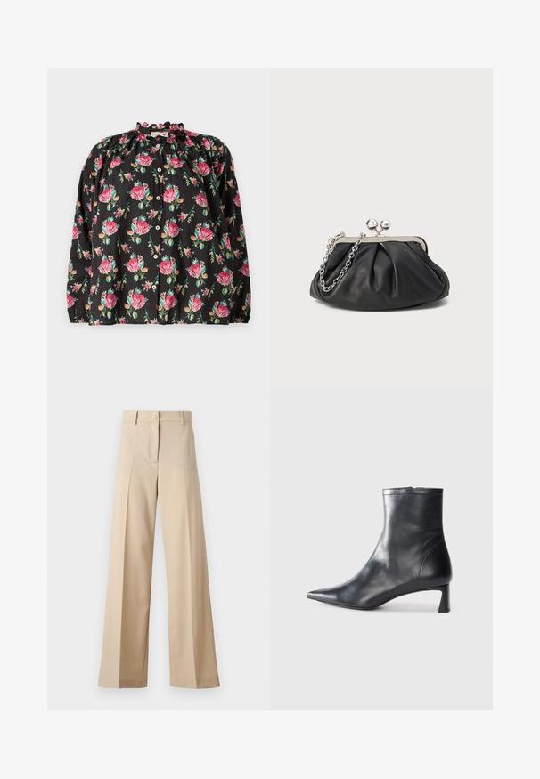 Czarna bluzka w kwiaty z różowymi i zielonymi wzorami róż, z falbanym dekoltem, zapięciem na guziki z przodu oraz długimi rękawami z elastycznymi mankietami.; Beżowe spodnie o szerokich nogawkach wykonane z gładkiego materiału, z płaskim przodem i zakładkami, z zapięciem na zamek i pętelkami na pasek. Dopasowany krój.; Czarne skórzane botki sięgające kostki z ostrym noskiem i eleganckim designem. Posiadają niski obcas oraz zamek błyskawiczny z tyłu. Gładka faktura.; Czarna skórzana kopertówka o marszczonej teksturze, srebrna metalowa rama, zamek na zatrzask i łańcuszek. Gładka, miękka powierzchnia.