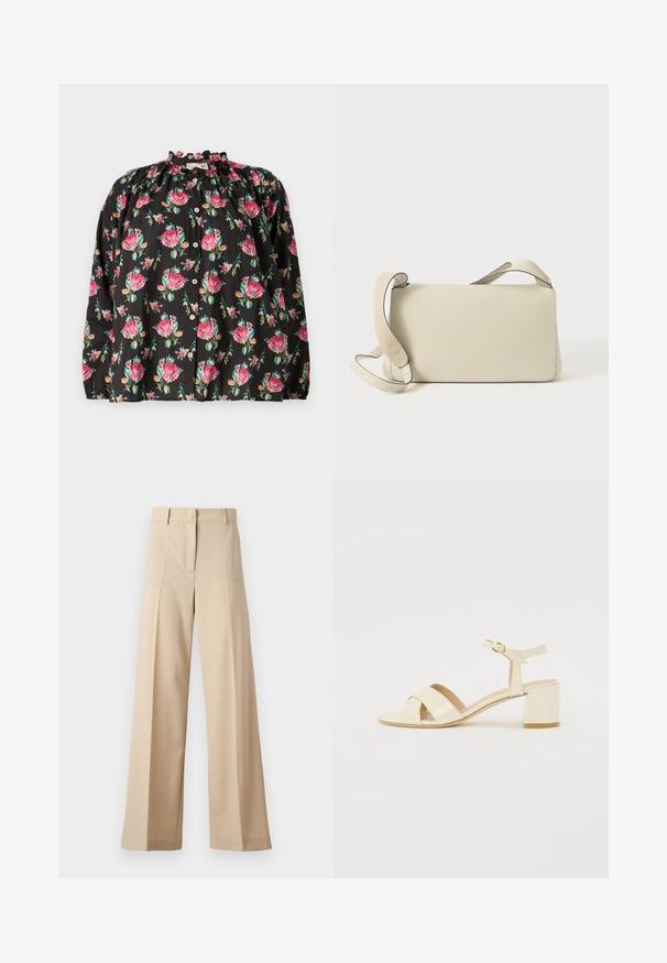 Zwarte bloemetjesblouse met roze en groene rozenpatronen, ruches aan de halslijn, knopen aan de voorkant en lange mouwen met elastische manchetten.; Beige wijde broek gemaakt van gladde stof, met een flatte voorkant met plooien, een rits en riemlussen. Over het geheel een getailleerde pasvorm.; Beige gepolijst lederen sandalen met hakken, voorzien van een kruisbandontwerp, open teen, verstelbare enkelband en een blokhak. Gladde textuur.; Crème-kleurige leren schoudertas met een verstelbare schouderband en klepafsluiting, tegen een effen witte achtergrond.