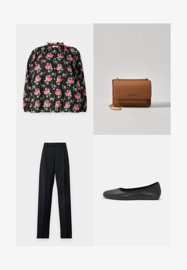 Bluză neagră cu flori, având un model cu trandafiri roz și verzi, decolteu fronsat, închidere cu nasturi și mâneci lungi cu manșete elastice.; Pantaloni negri dintr-un material neted, cu talie înaltă, picioare largi, pliuri frontale și loop-uri clasice pentru curea. Fără buzunare laterale vizibile.; Balerini din piele neagră, cu vârf rotund, textură netedă, detalii de cusătură minimale și un design al tălpii flexibil.; Geantă crossbody din piele texturată maro, cu curea din lanț aurit și închidere cu clapetă. Partea din față prezintă detalii cu logo și o buzunar sub clapetă.