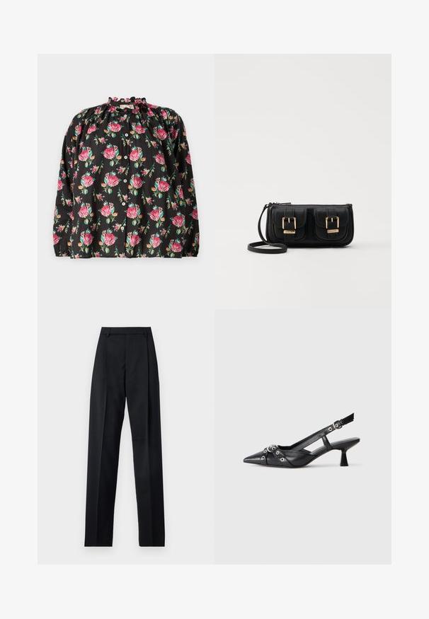 Melna ziedu blūze ar rozā un zaļām rožu rakstām, ar volānu apkakli, pogu priekšpusi un garām piedurknēm ar elastīgām aprocēm.; Melnas bikses, izgatavotas no gludas auduma, ar augstu vidukli, platiem bikšu galdniekiem, priekšējiem krokām un klasiskām jostu cilpām. Sānu kabatas nav redzamas.; Melnas ādas šlipsveida kurpes ar norādītu purngalu, dekoratīvām joslām ar metāla acīm un zemu bloku papēdi. Teksturēta virsma.; Melnas ādas crossbody soma ar divām priekšējām kabatām, zelta sprādzēm, ar rāvējslēdzēju aizdari un šauru siksnu. Strukturēta virsma un kompakta taisnstūra forma.