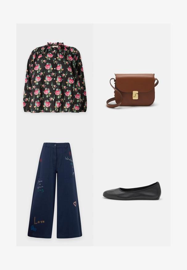 Mustalilleline pluus, millel on roosa ja roheline roosimuster, volangiga kaelus, nööpidega esiosa ja pikad varrukad elastsete mansettidega.; Tumesinine laiad püksid puuvillast mitmete taskutega. Omaduseks on värviline tikandtekst ja graafika, sealhulgas südamed ja mängulised fraasid.; Musthave mustika tantsutossud mustast nahast, ümmarguse varbaga, siledast tekstuurist, minimaalse õmblusdetailiga ja paindliku tallakujundusega.; Pruunist nahast käekott, millel on klapiga sulgur, kuldne riistvara, õlarihm ja sile tekstuur. Kompaktne ristkülikukujuline vorm.