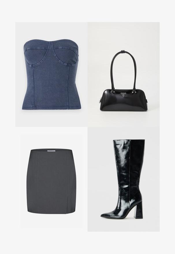 Tyrkysový top bez ramienok vyrobený z rebrovanej látky. Má štruktúrovaný korzet, so švovými detailmi a priliehavým strihom.; Envii SPLIT - Puzdrová sukňa - grey; Čierne čižmy po kolená vyrobené z lesklej kože, s špicatou špičkou a robustným geometrickým opätkom s hladkým povrchom.; Čierna lesklá kabelka s zakriveným siluetou, dvoma uchami a prednou nášivkou s logom. Zipsové uzatváranie a lesklé hardvérové akcenty.; Strieborné kruhové náušnice s hladkým, lesklým povrchom. Okrem zaobleného tvaru majú mierne zakrivený dizajn a splývajúce okraje. Uzáver na kolík.