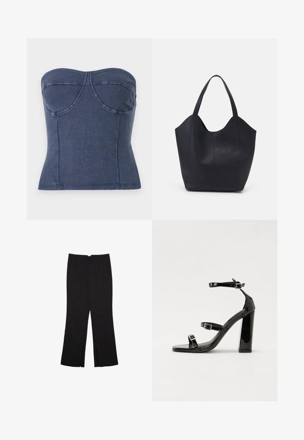 Marinblå axelbandslös topp i ribbad tyg. Den har en strukturerad livdel med sömnadsdetaljer och en figurnära silhuett.; Svarta byxor med rak passform, utrustade med framfickor och sidoklyvningar vid fållen. Tillverkade av mjukt, slätt tyg. Lämpliga för olika tillfällen.; Svarta lackerade klacksandaler med fyrkantig tå, ankelremmar och silverfärgade spännen. Har en kraftig blockklack för stabilitet.; Svart tote-väska i slät läder, med en böjd, öppen topp, två axelremmar och en minimalistisk design.