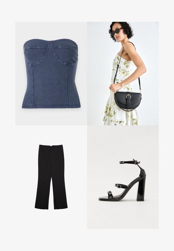 Marineblå stropløs top lavet af ribbet stof. Den har en struktureret bodice med sømdetaljer og en tætsiddende silhuet.; Sorte bukser med lige pasform, der har frontlommer og slidser i kanten. Lavet af blødt, glat stof. Velegnet til forskellige anledninger.; Sorte patenterede hælsandaler med firkantet tå, ankelremme og sølvspænder. Har en chunky blokHæl for stabilitet.; Sort læderhåndtaske med en buet form, aftagelig rem og guldfinish. Tasken har en klap med en spænde detalje.