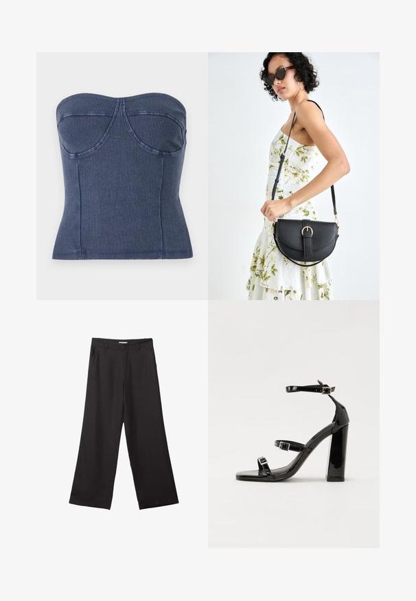 Navy blue strapless top made of ribbed fabric. It features a structured bodice, with stitching details and a fitted silhouette.; Mustat leveälahkeiset housut, jotka on valmistettu sileästä kankaasta. Niissä on edessä vetoketju ja kaksi sivutaskua, ja niiden muotoilu on räätälöity ja minimalistinen.; Musta kiiltävä korkokenkä sandaalit neliönmuotoisella varpaalla, nilkkaremmillä ja hopeisilla soljilla. Varustettu tukevalla lohkokorkealla vakauden takaamiseksi.; Musta nahkainen käsilaukku, joka on kaareva muotoilultaan, irrotettavalla hihnalla ja kultaisilla yksityiskohdilla. Laukussa on läppä, jossa on solk yksityiskohta.