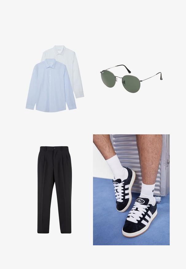 Dos camisas de manga larga: una de color azul claro con finas rayas verticales y la otra blanca sólida. Ambas presentan cuellos con solapa y frontales de botones.; Pantalones negros con un diseño de frente plisado, hechos de una tela suave. Cuentan con un cierre de botón y pasadores para cinturón; corte recto.; Zapatillas de ante negras con cordones blancos y tres rayas blancas. Presentan un logotipo circular negro en la lengüeta y una suela de goma color caramel.; Gafas de sol con marco de metal y lentes ovalados verdes. Marco delgado de metal plateado y puntas de las orejas negras. Diseño minimalista, sin logotipos visibles.