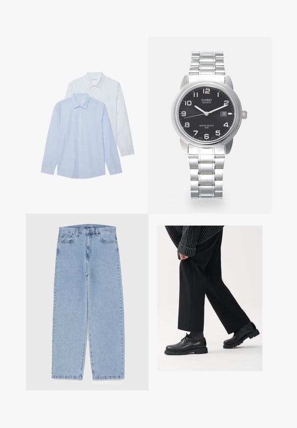 Két hosszú ujjú ing: az egyik világoskék vékony függőleges csíkokkal, a másik egyszínű fehér. Mindkettő galléros nyakkal és gombos elülső résszel rendelkezik.; Világoskék farmernadrág egyenes szárú kivitelben, közepes derékkal, öt zsebbel, gombos és cipzáros záródással.; Fekete bőr cipők kerek orral, fűzős kialakítással és vastag, texturált talppal. Öltönyös fekete nadrággal és bordázott pulóverrel viselve.; Kvarc óra ezüst színű rozsdamentes acél karkötővel, kerek fekete számlappal, fehér órijelzőkkel és dátumkijelzővel 3 óránál. 50m vízálló.