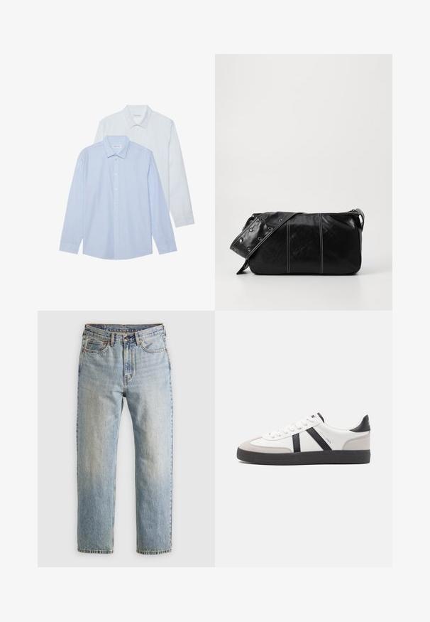 Két hosszú ujjú ing: az egyik világoskék vékony függőleges csíkokkal, a másik egyszínű fehér. Mindkettő galléros nyakkal és gombos elülső résszel rendelkezik.; Világoskék farmernadrág magas derékkal, elülső gombbal, cipzárral és öt zsebbel, sima háttérre fektetve.; Fehér sneaker fekete és szürke részletekkel, textúrált szürke orr résszel, fekete gumitalppal és lapos fehér fűzőkkel. Tiszta dizájn, minimalista stílus.; Fekete bőr válltáska, cipzárral zárva, texturált felülettel, fehér varrással és ezüst fémgyűrűs pánttal.