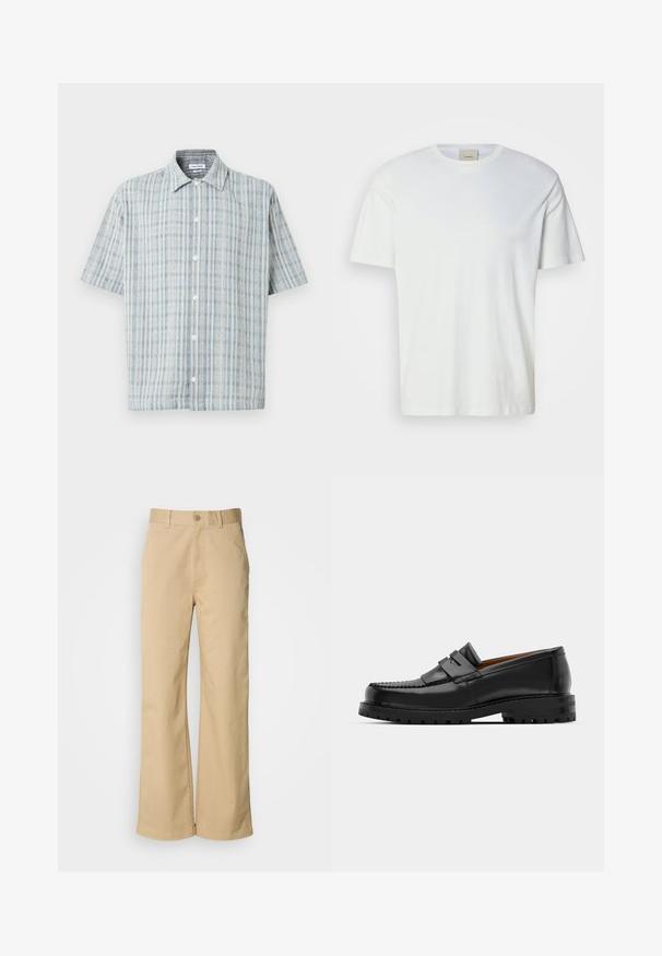 Kortärmad skjorta med knappar och blått och vitt rutmönster, spridd krage och vita knappar framtill.; En helt vit t-shirt med kort ärm och rundad halsringning, med en synlig Calvin Klein-etikett inuti halslinningen, uppvisad mot en neutral bakgrund.; Beiga, vida byxor i en bomullsmix. Har en knappstängning och bältesöglor. Slät textur med minimala sömnadsdetaljer.; Svarta läderloafers har en upphöjd söm, två dekorativa remmar på ovansidan och en tjock texturerad sula för ökat grepp.