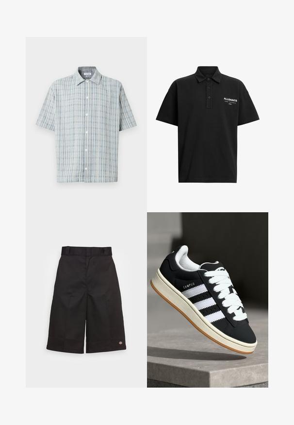 Korte mouwen overhemd met knopen en een blauw-wit ruitpatroon, spreidkraag en witte knopen aan de voorkant.; Zwarte polo gemaakt van katoen, met een klassieke kraag, twee knopen en een bedrukte witte logo op de linkerborst.; Zwarte katoenen shorts met een rechte snit, knielengte, voorzien van een zichtbaar merklogo op de zoom en een gladde textuur.; Zwarte sneaker met witte strepen, vetersluiting, gestructureerd bovenwerk en rubberen zool. Heeft het "CAMPUS"-logo aan de zijkant en een gum loopzool.
