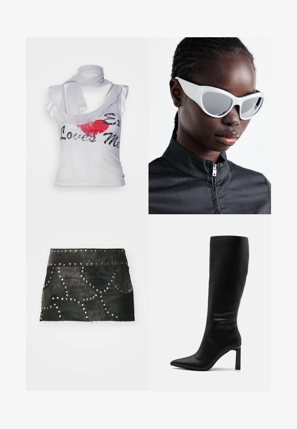 Balta bezpalakta krekla ar brīvu piegriezumu, kas rotāta ar sarkanu sirds grafiku un melnu uzrakstu "Ex Loves Me", papildināta ar atbilstošu šalli.; Melna ādas svārki ar dekoratīviem sudraba kniedēm un izliekto šuvju dizainu. Raksturīga pieguļoša jostasvieta un apakšmala, kas atrodas virs vidus ciskas.; Even&Odd Zābaki - black; Baltas saulesbrilles ar drosmīgu, pārmērīgu dizainu un spoguļstikliem, kuru rāmis ir veidots no gludas plastmasas un izceļas ar izteiktiem līkumiem.