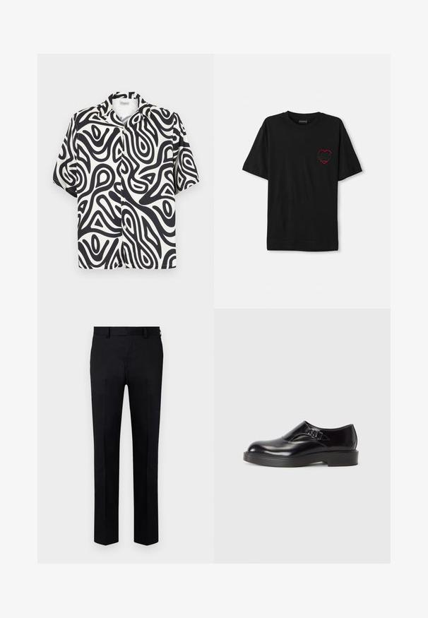 Cămașă cu mânecă scurtă, cu nasturi, în alb și negru, cu modele abstracte, organice de spirale. Fabricată dintr-un material neted și respirabil.; Tricou din bumbac negru cu mâneci scurte, având un design brodat cu inimă roșie pe partea stângă a pieptului. Guler clasic în stil crew, croială lejeră.; Pantaloni negri dintr-un material neted, cu un design drept, pliuri frontale și brâuri pentru curea la talie. Fără modele sau accente vizibile.; Pantof cu piele neagră, cu vârf rotund, toc jos negru și o curea decorativă. Textură netedă cu un finisaj lucios.